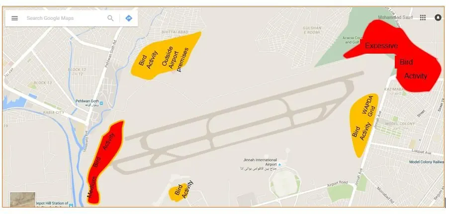 Sketch of bird activity zones at JIAP and its surroundings