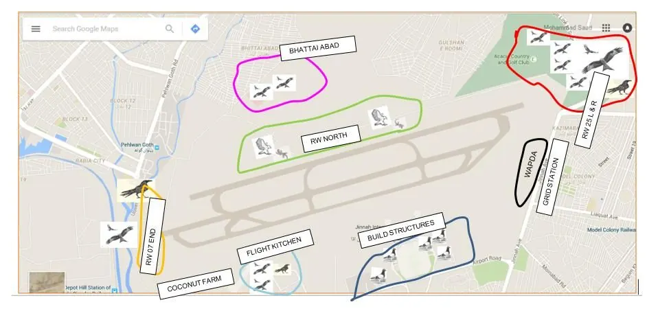 Map of JIAP marking location and type of birds