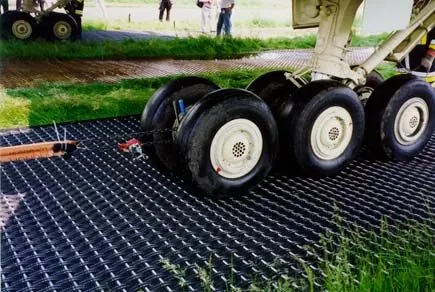 Ground reinforcement mats under a main landing gear bogie
